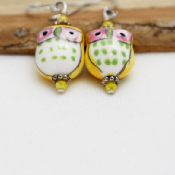 Yellow Hand Painted Porcelain Owl Earrings - Handmade & Hypoallergenic - Picture 5 of 8